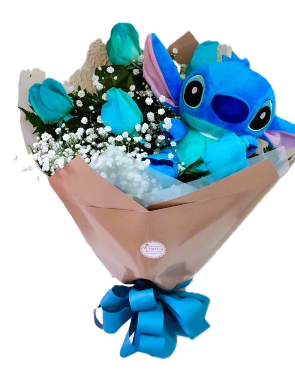 Ref 259 BUQUÊ MIMO AZUL OU ROSA,COM PELÚCIA STITCH - Imagem 2